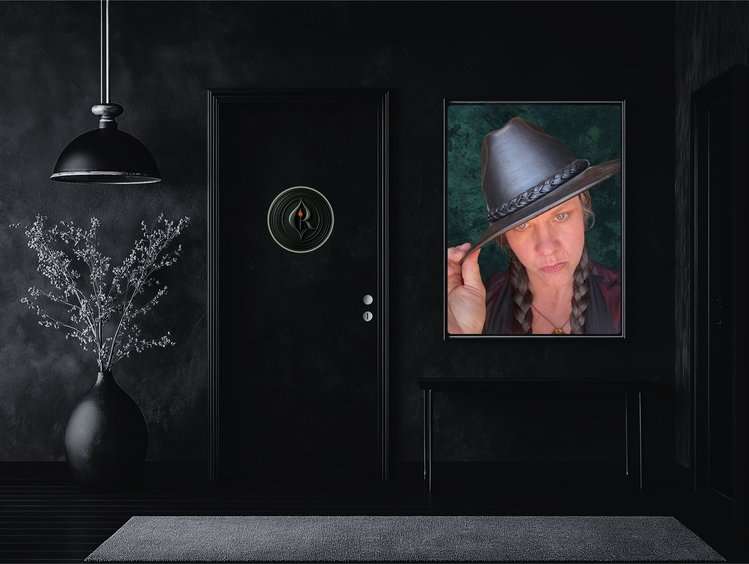 Self Portrait of R. Lee, age 52, a selfie in a frame on an elegant black wall.