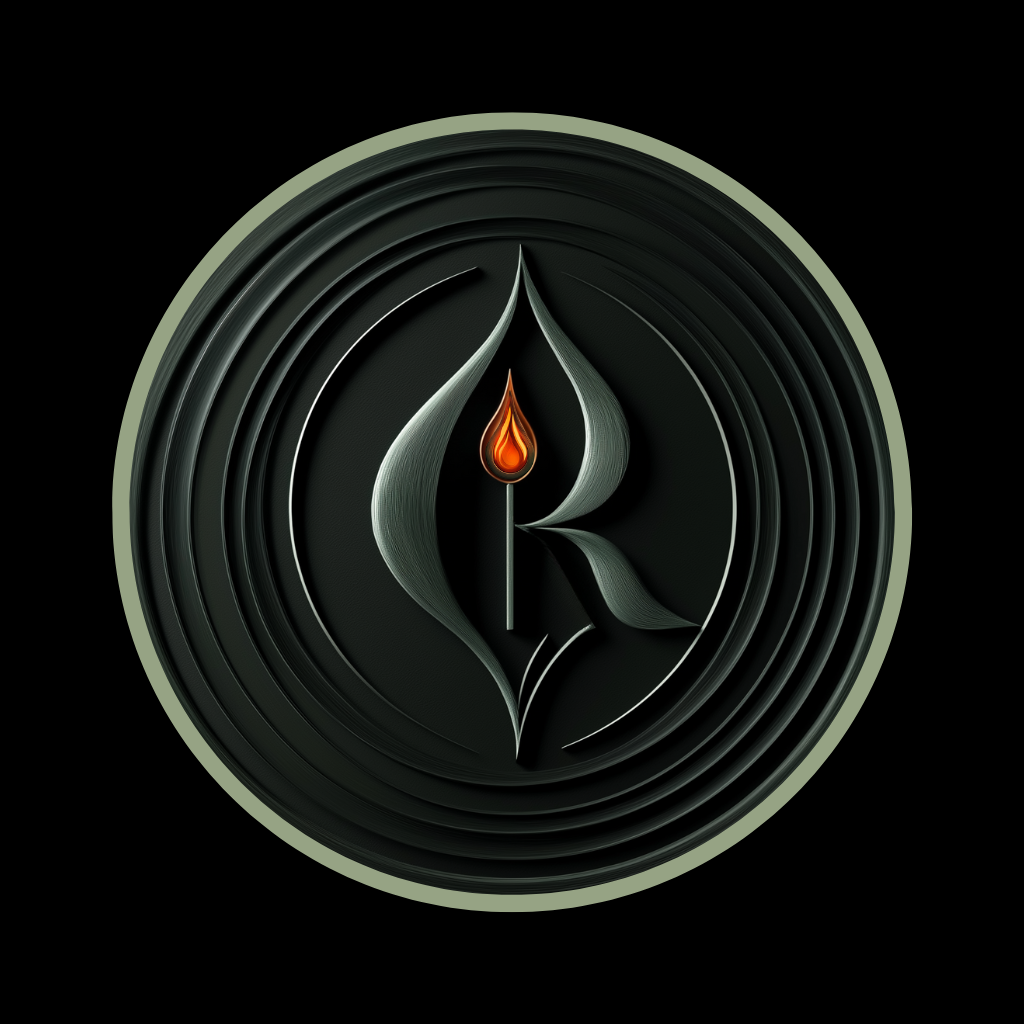 A dark circular emblem featuring a stylized letter "R" integrated with a flame at its center, surrounded by concentric rings. The design has an organic, metallic texture with greenish hues.